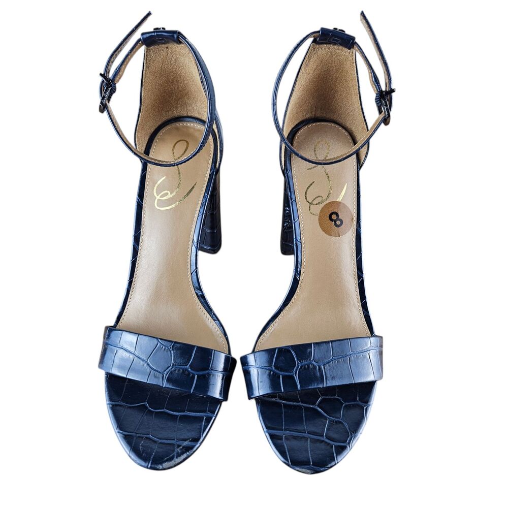 Sam Edelman Yaro Navy Crocodile Heels Open Toe Block Sandals Womens Size 8